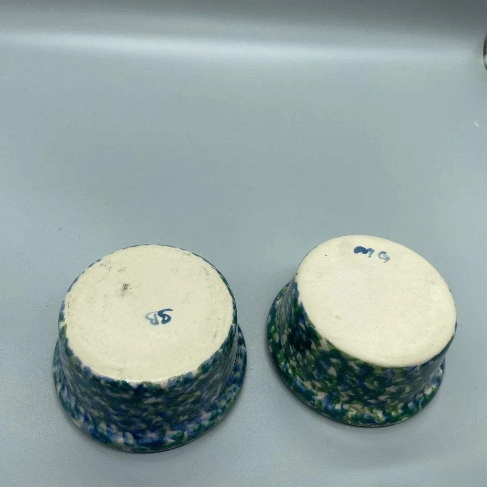 Handmade Ceramic Ramekin‎ Set of 2 Blue Green Spongeware Pottery Dipping Bowls
